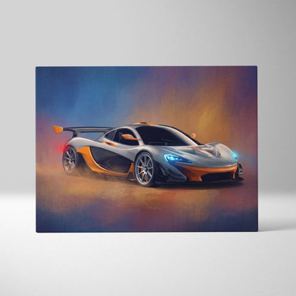 A sleek silver and orange McLaren P1 sports car illustration with glowing blue headlights on premium canvas art