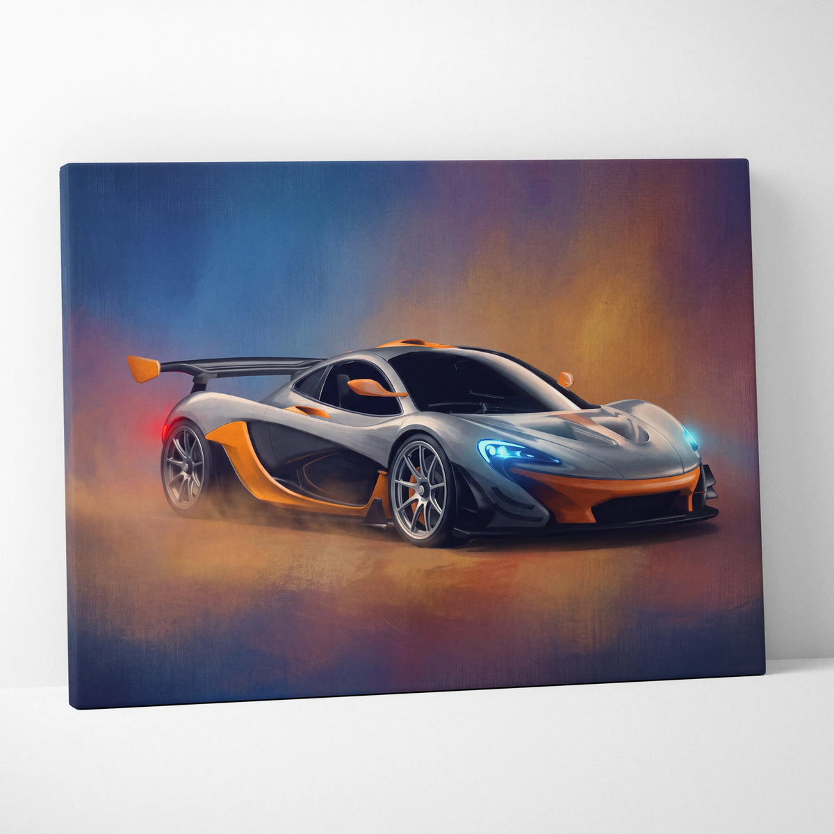 Silver and orange McLaren P1 inspired canvas art featuring a premium racing car print for automotive wall decor