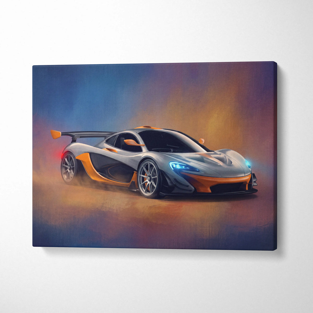 McLaren P1 inspired canvas art featuring a sleek silver and orange sports car with glowing blue headlights