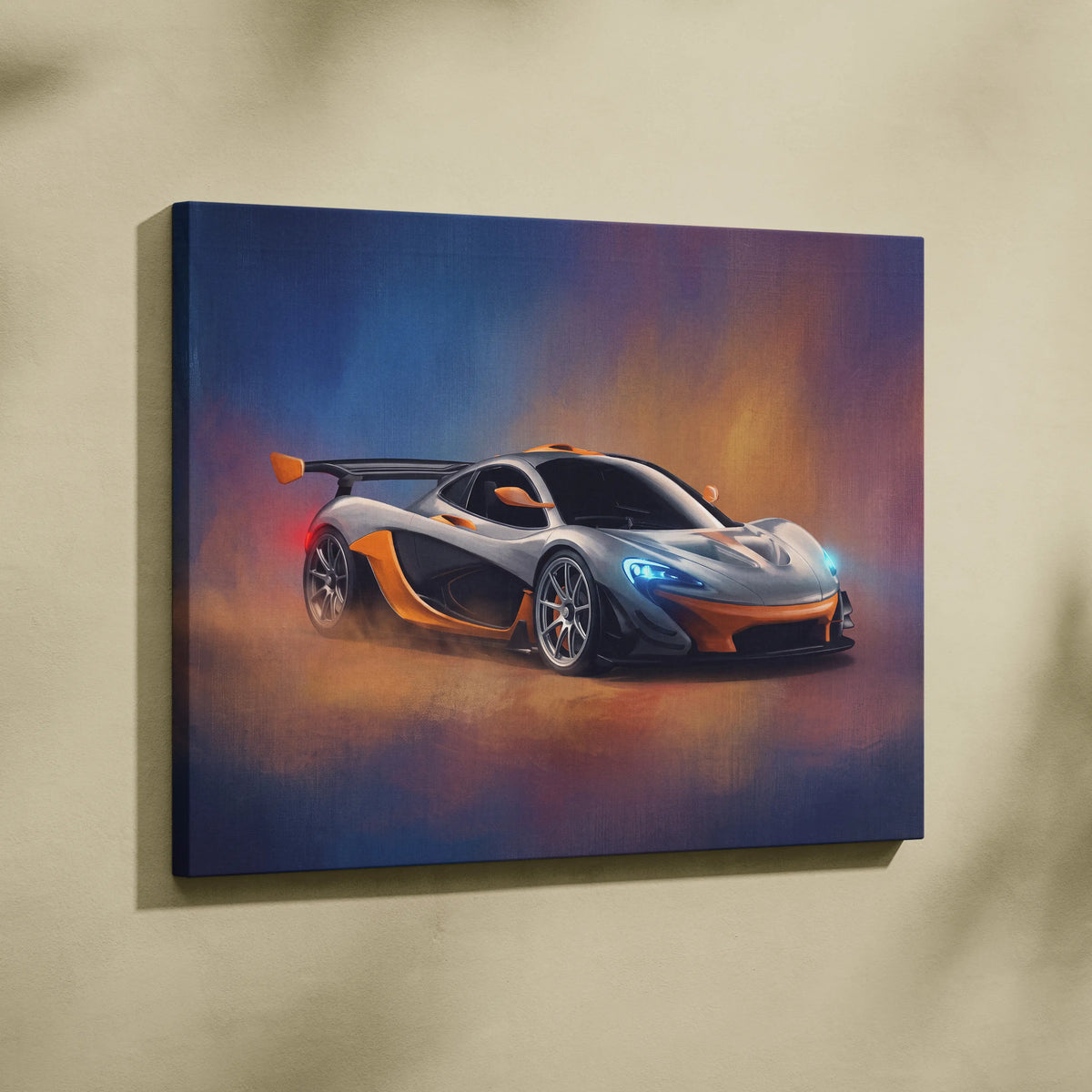 A vibrant mclaren p1 inspired canvas print featuring a silver and orange sports car with glowing blue headlights