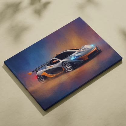 A vibrant canvas print of a silver and orange McLaren P1 sports car with glowing blue headlights on a gradient background