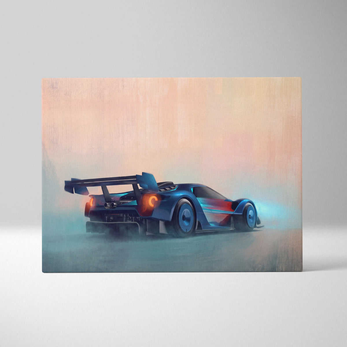 Ford GT race car inspired wall art featuring a blue and red racing car with a prominent rear wing in canvas print