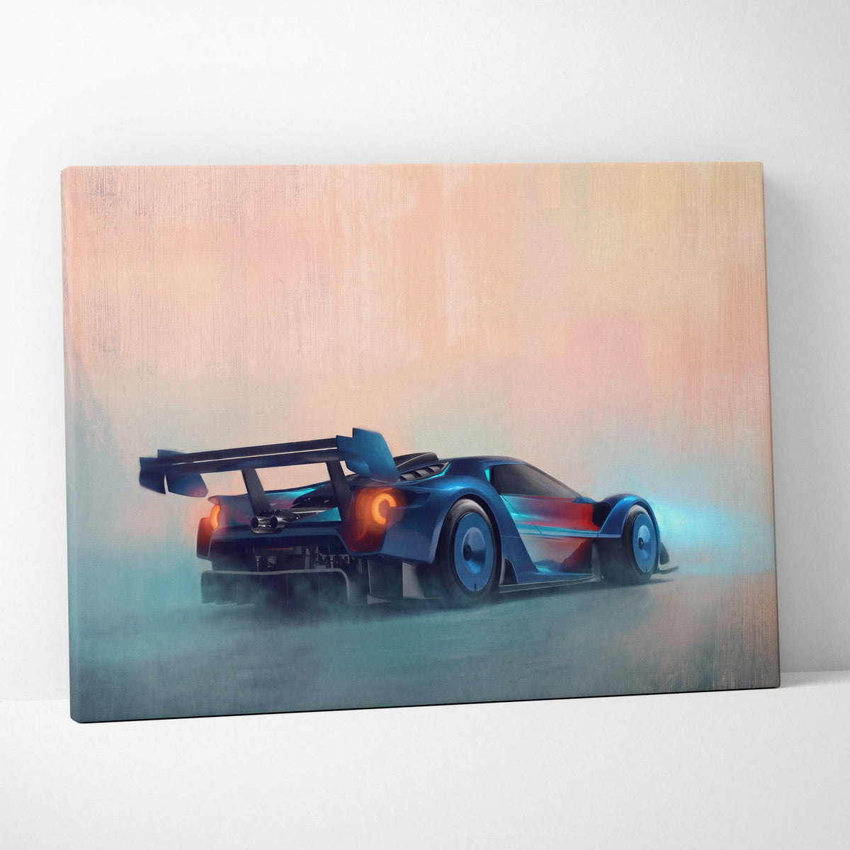 Ford GT race car inspired canvas painting print featuring a vibrant blue and red futuristic design with glowing taillights