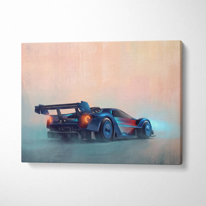 Ford gt race car inspired canvas painting print featuring a sleek blue and red race car with glowing orange taillights
