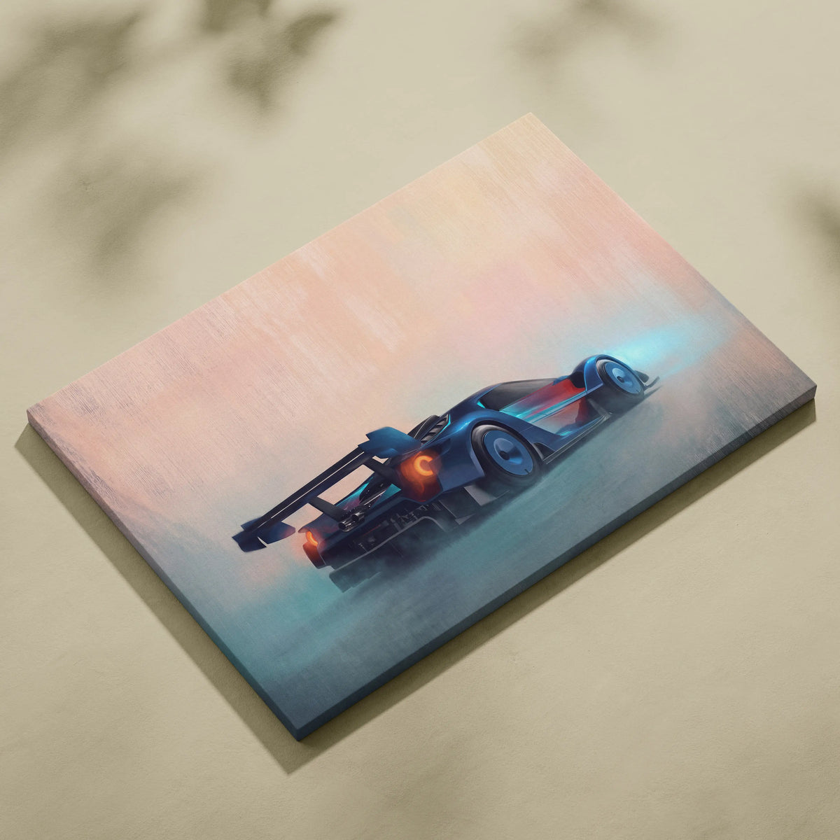 A sleek vibrant digital illustration of a ford gt race car on a stretched canvas wall art print track edition