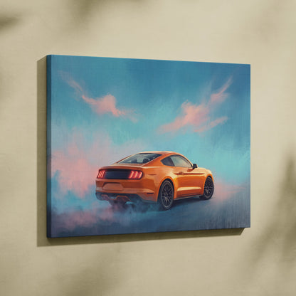 Ford Mustang Inspired Car Wall Art, Vibrant Orange Muscle Car Canvas Print