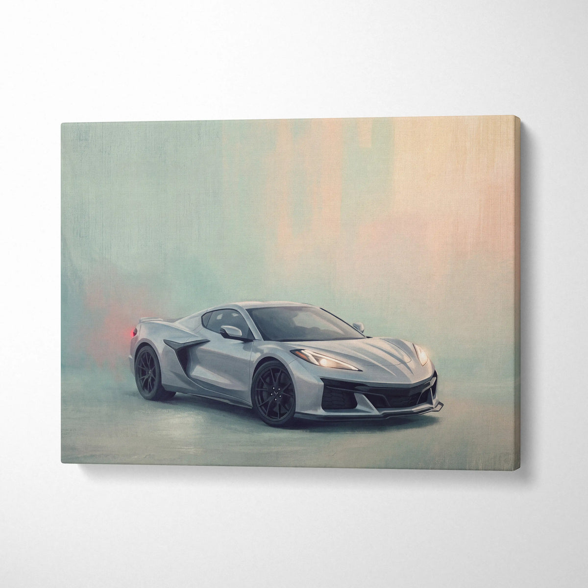 Chevrolet Corvette Inspired Canvas Art, Silver Sports Car Wall Decor