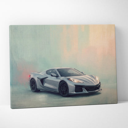 Chevrolet Corvette Inspired Canvas Art, Silver Sports Car Wall Decor