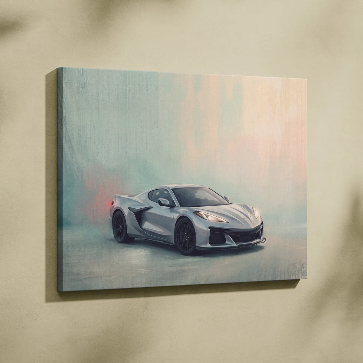 Chevrolet Corvette Inspired Canvas Art, Silver Sports Car Wall Decor