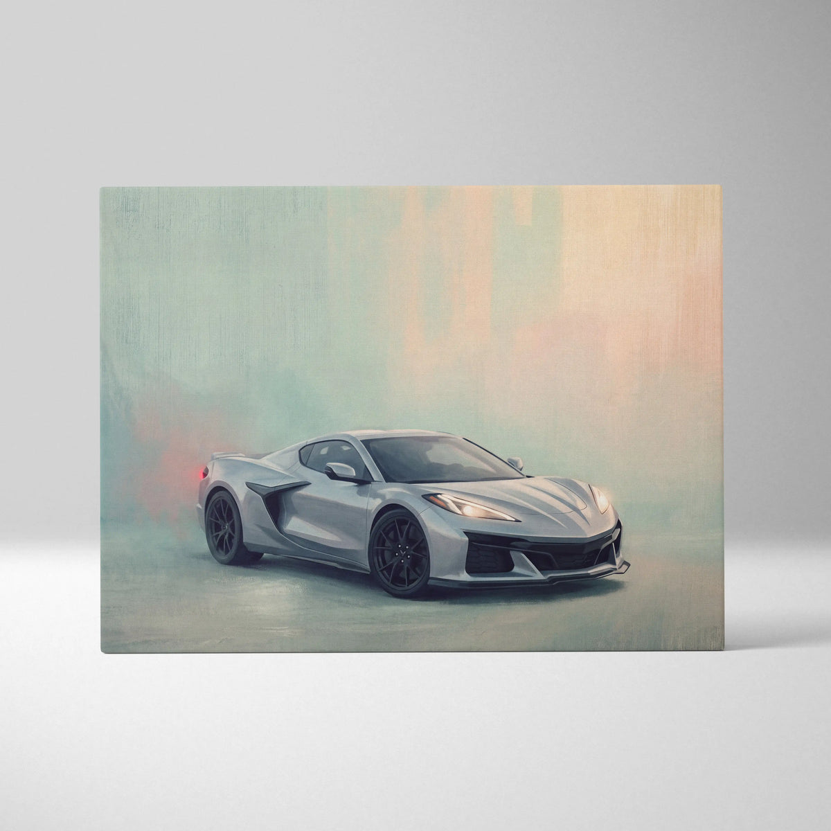 Chevrolet Corvette Inspired Canvas Art, Silver Sports Car Wall Decor