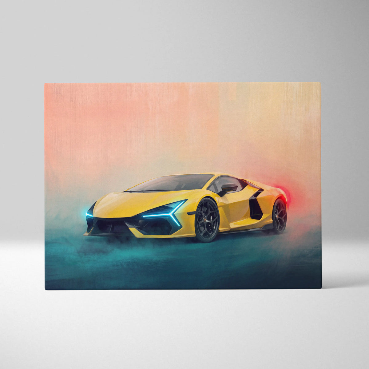 Vibrant yellow lamborghini revuelto inspired automotive wall art with glowing blue headlights on luxury supercar canvas print