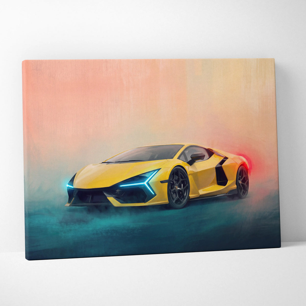 Vibrant yellow lamborghini revuelto inspired automotive wall art canvas print with glowing blue headlights and red taillights