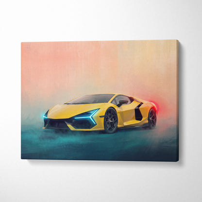 Vibrant yellow Lamborghini Revuelto inspired luxury supercar canvas print with glowing blue and red accents