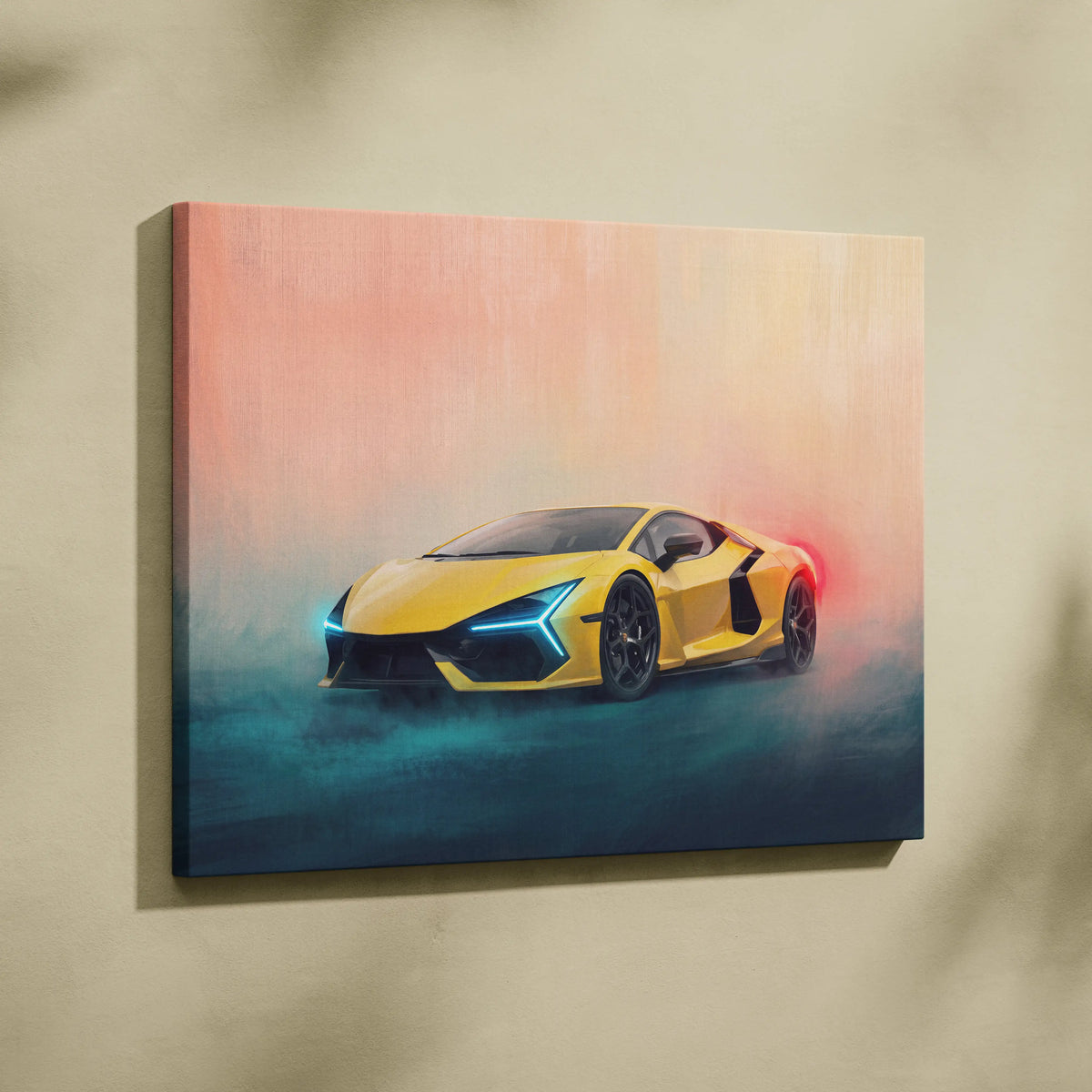 Yellow Lamborghini Revuelto inspired canvas print featuring a sleek sports car with glowing headlights on gradient background