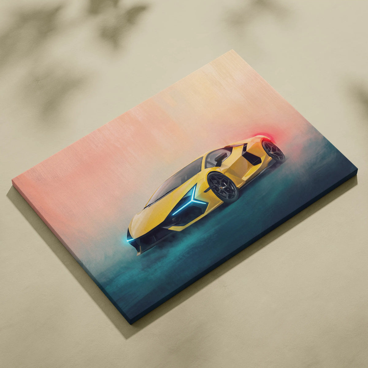 Vibrant yellow lamborghini revuelto inspired sports car illustration on stretched canvas with glowing blue and red accents