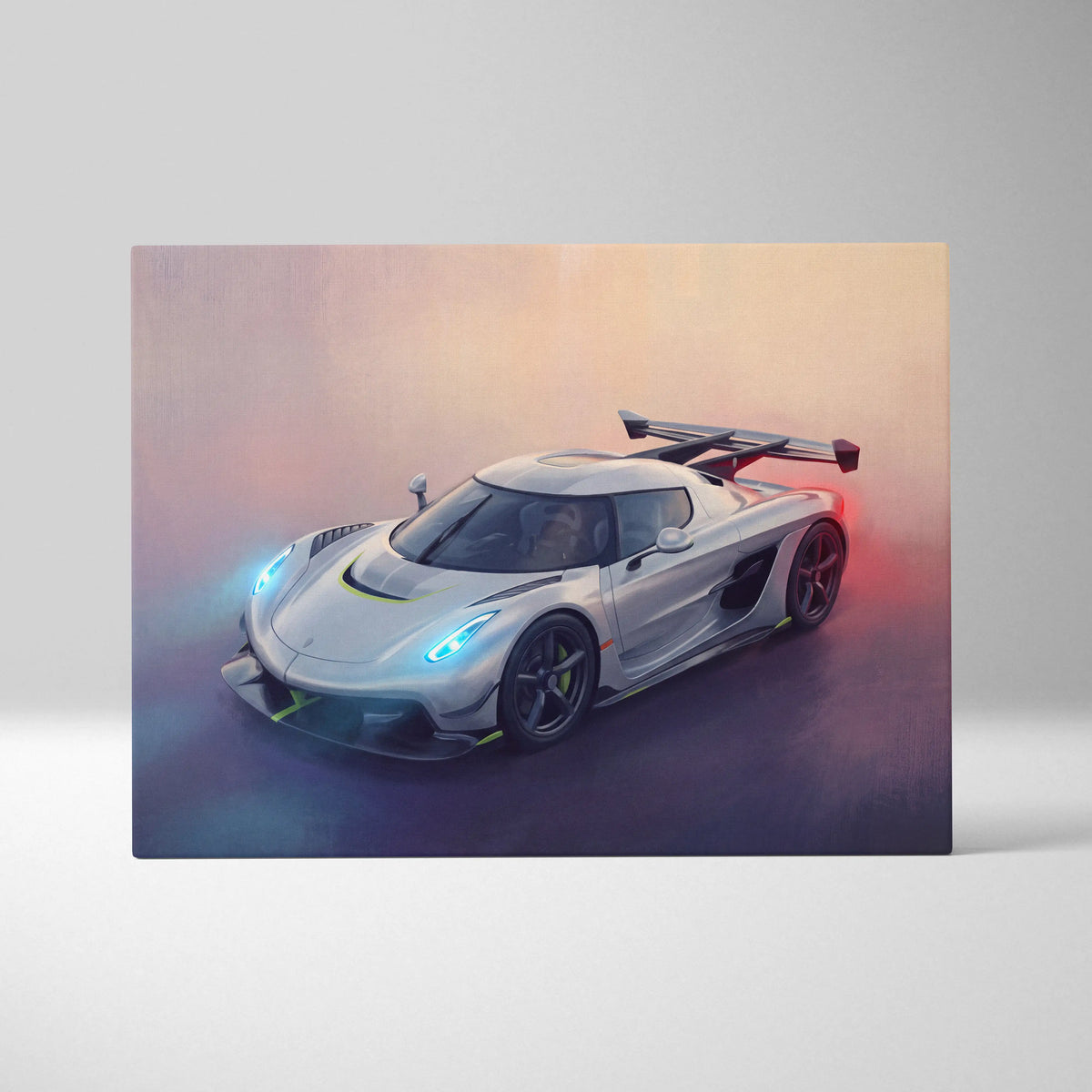 Silver koenigsegg jesko hypercar canvas art with glowing blue headlights and black racing stripes premium wall decor