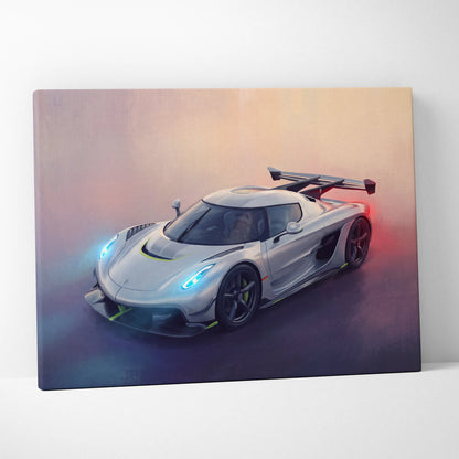Koenigsegg Jesko inspired premium canvas art featuring a silver hypercar with blue headlights and yellow accent stripes