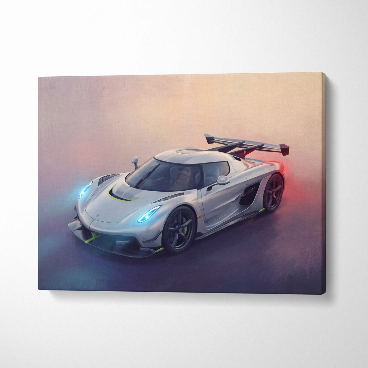 Silver koenigsegg jesko inspired canvas art with glowing blue headlights and red taillights against misty sky