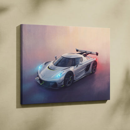 Koenigsegg jesko inspired silver hypercar canvas art with glowing blue and red accents premium automotive wall decor