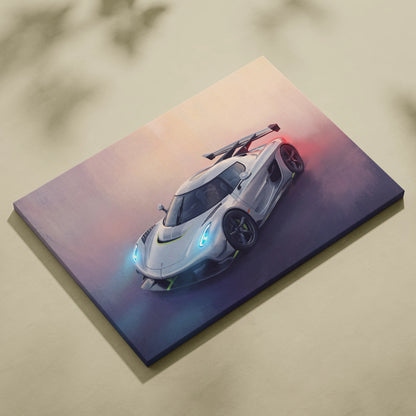 Silver koenigsegg jesko inspired canvas art featuring glowing blue headlights and red rear spoiler premium wall decor