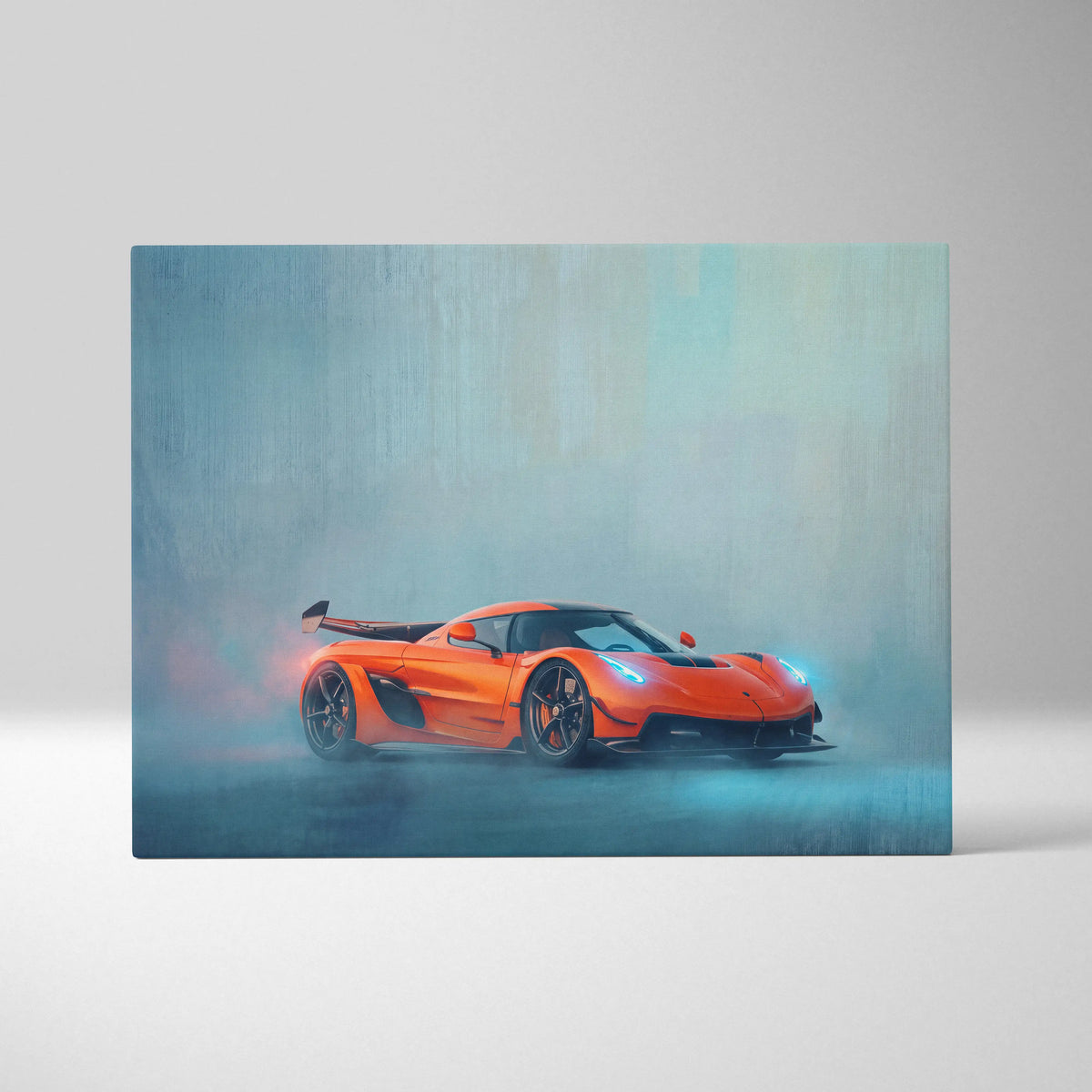 Vibrant orange koenigsegg jesko inspired supercar canvas art depicting a hypercar in a misty atmospheric painting