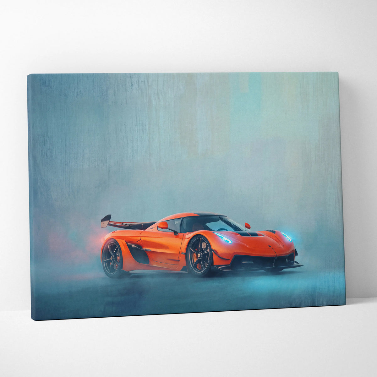 Vibrant orange koenigsegg jesko inspired hypercar on misty teal canvas art print for custom car wall decor