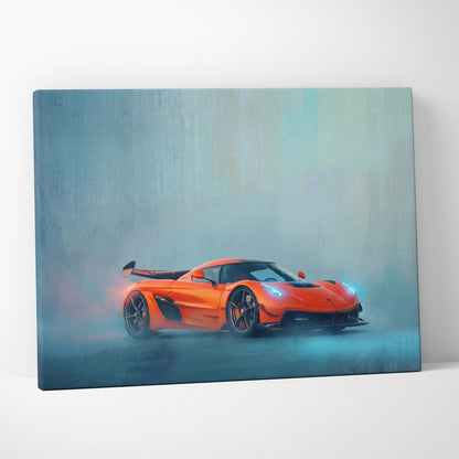 Vibrant orange koenigsegg jesko inspired hypercar on misty teal canvas art print for custom car wall decor