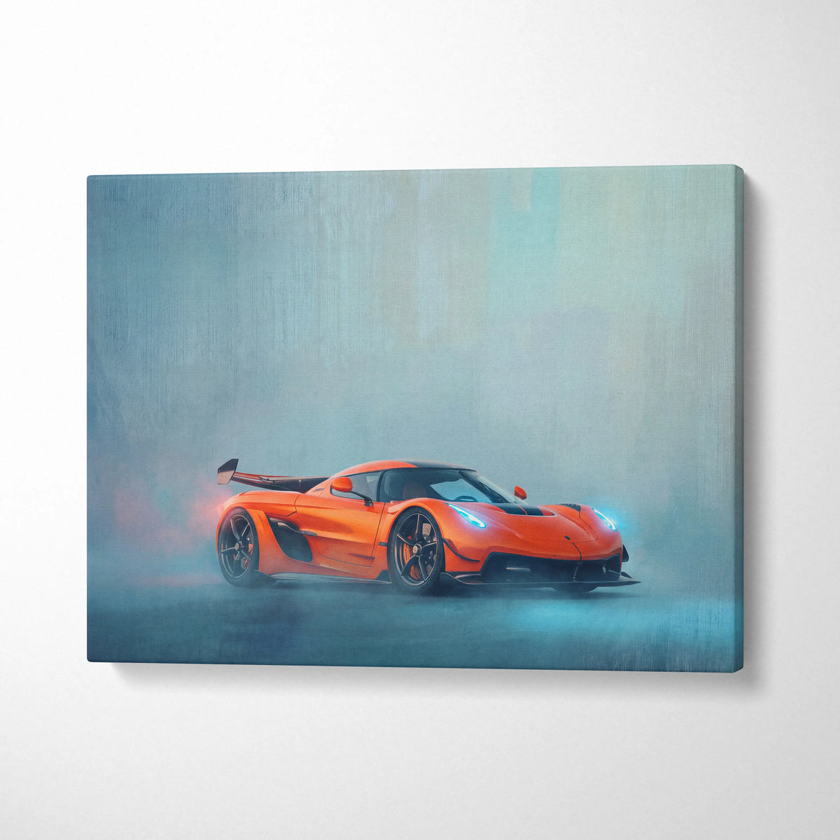 Vibrant orange koenigsegg jesko inspired hypercar on misty canvas art print for custom car wall decor