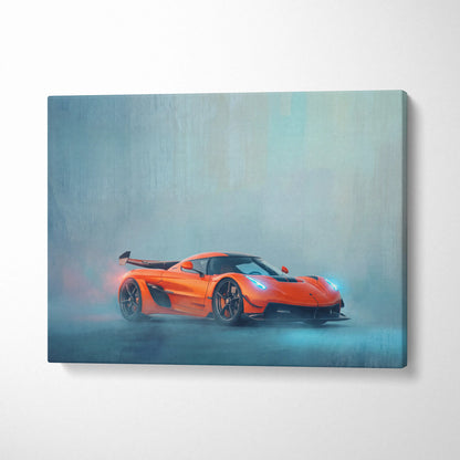 Vibrant orange koenigsegg jesko inspired hypercar on misty canvas art print for custom car wall decor