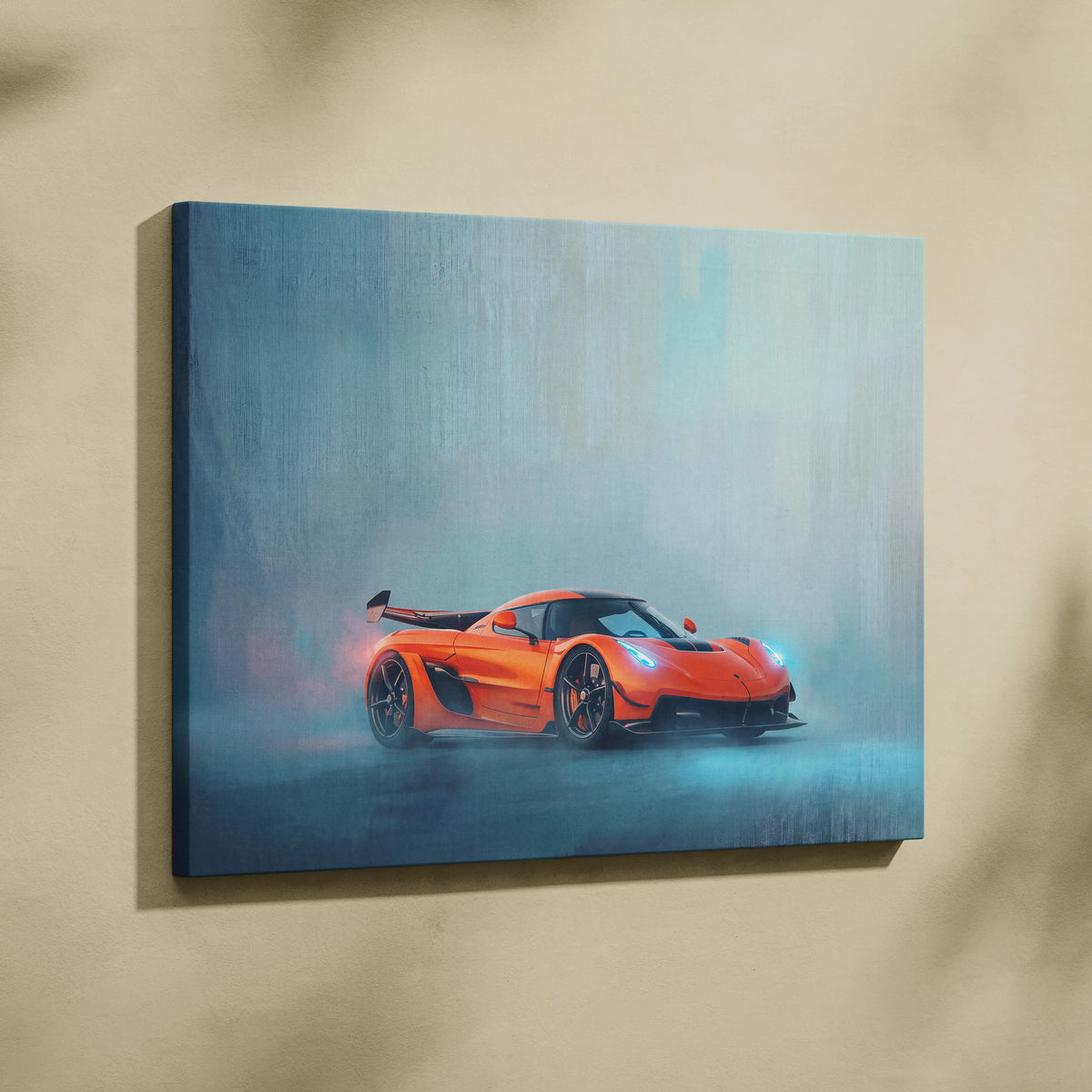 Vibrant orange Koenigsegg Jesko inspired hypercar canvas art print with misty atmospheric painting on custom car wall art
