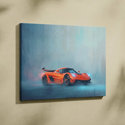 Vibrant orange Koenigsegg Jesko inspired hypercar canvas art print with misty atmospheric painting on custom car wall art