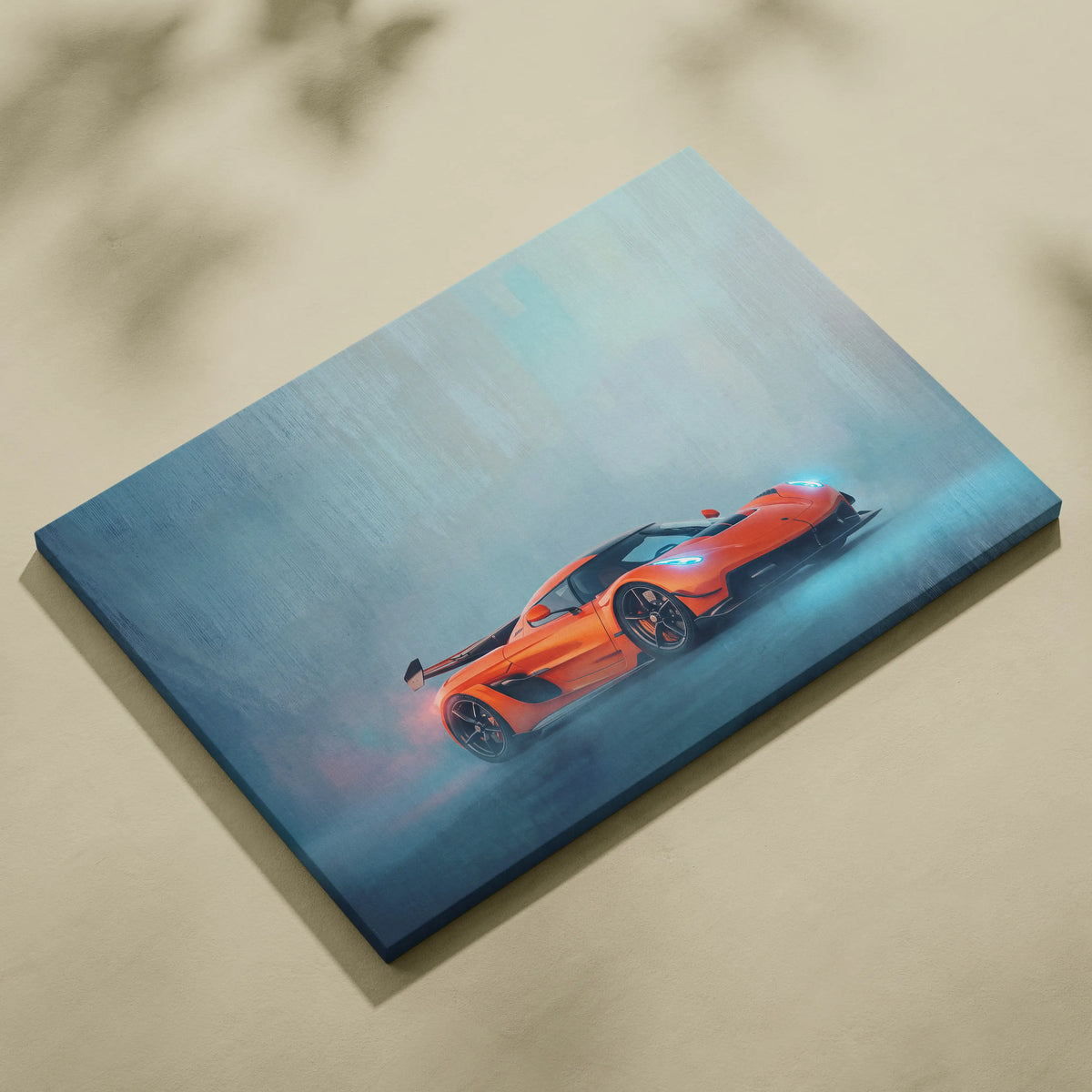 Koenigsegg Jesko inspired vibrant orange sports car canvas art print featuring a dynamic misty scene on stretched canvas