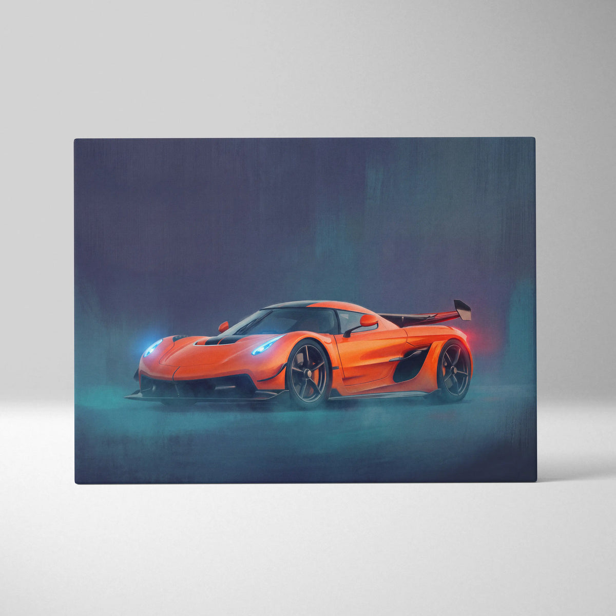 Vibrant orange koenigsegg jesko inspired automotive wall art featuring a dynamic hypercar canvas print