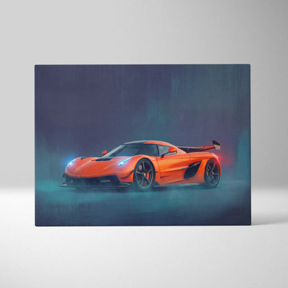 Vibrant orange koenigsegg jesko inspired automotive wall art featuring a dynamic hypercar canvas print