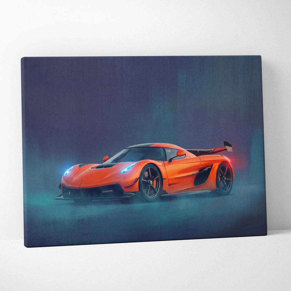 Vibrant orange koenigsegg jesko inspired luxury supercar canvas print with glowing blue and red accents on stretched canvas