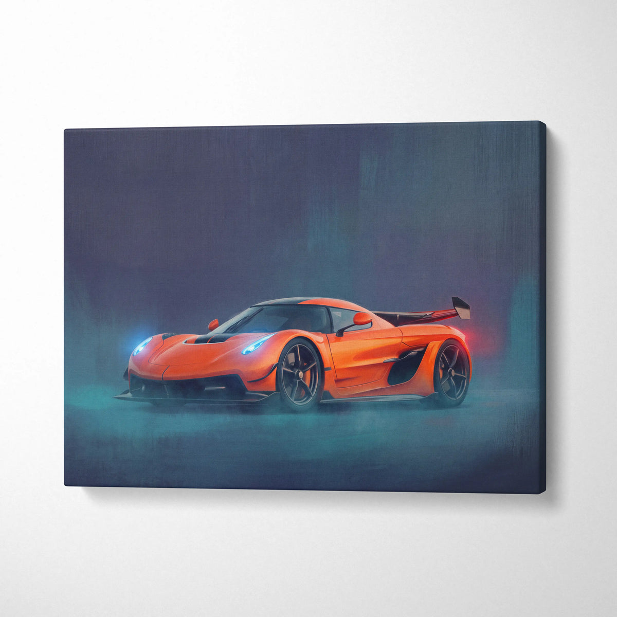 Vibrant orange koenigsegg jesko inspired luxury supercar canvas print featuring dynamic atmospheric painting on canvas
