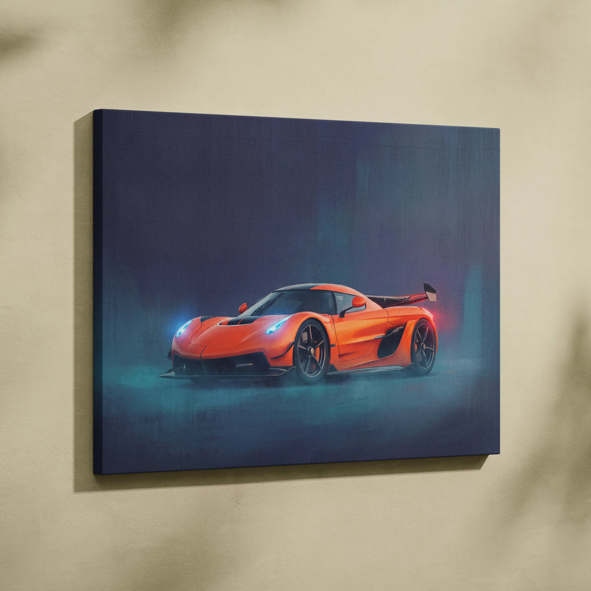 Vibrant orange koenigsegg jesko hypercar on stretched canvas luxury supercar automotive wall art print