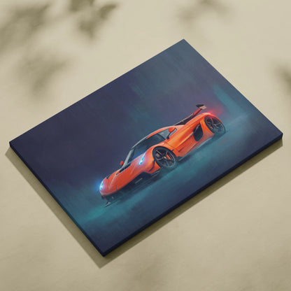 Vibrant orange Koenigsegg Jesko inspired sports car on stretched canvas with glowing blue and red accents wall art