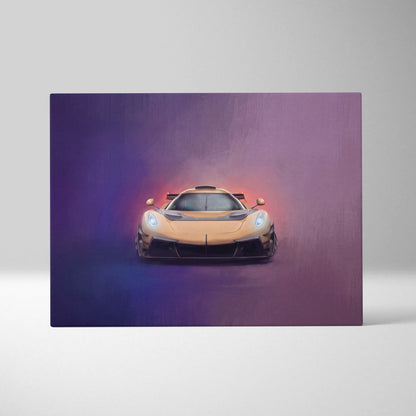 Koenigsegg Jesko inspired car wall art canvas print featuring a vibrant yellow hypercar with glowing headlights on gradient background