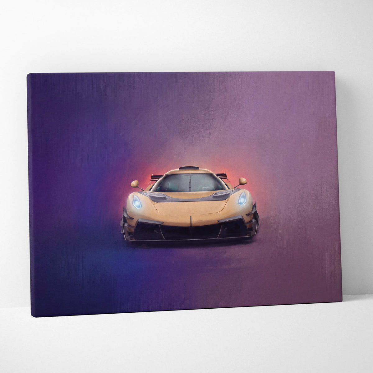 Koenigsegg Jesko inspired golden hypercar wall art canvas painting print with glowing blue headlights on purple gradient background