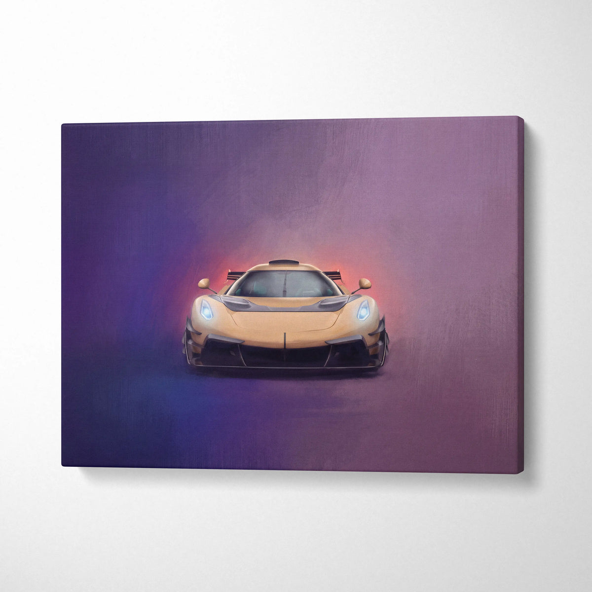Koenigsegg Jesko inspired yellow sports car wall art featuring glowing blue headlights on canvas painting print