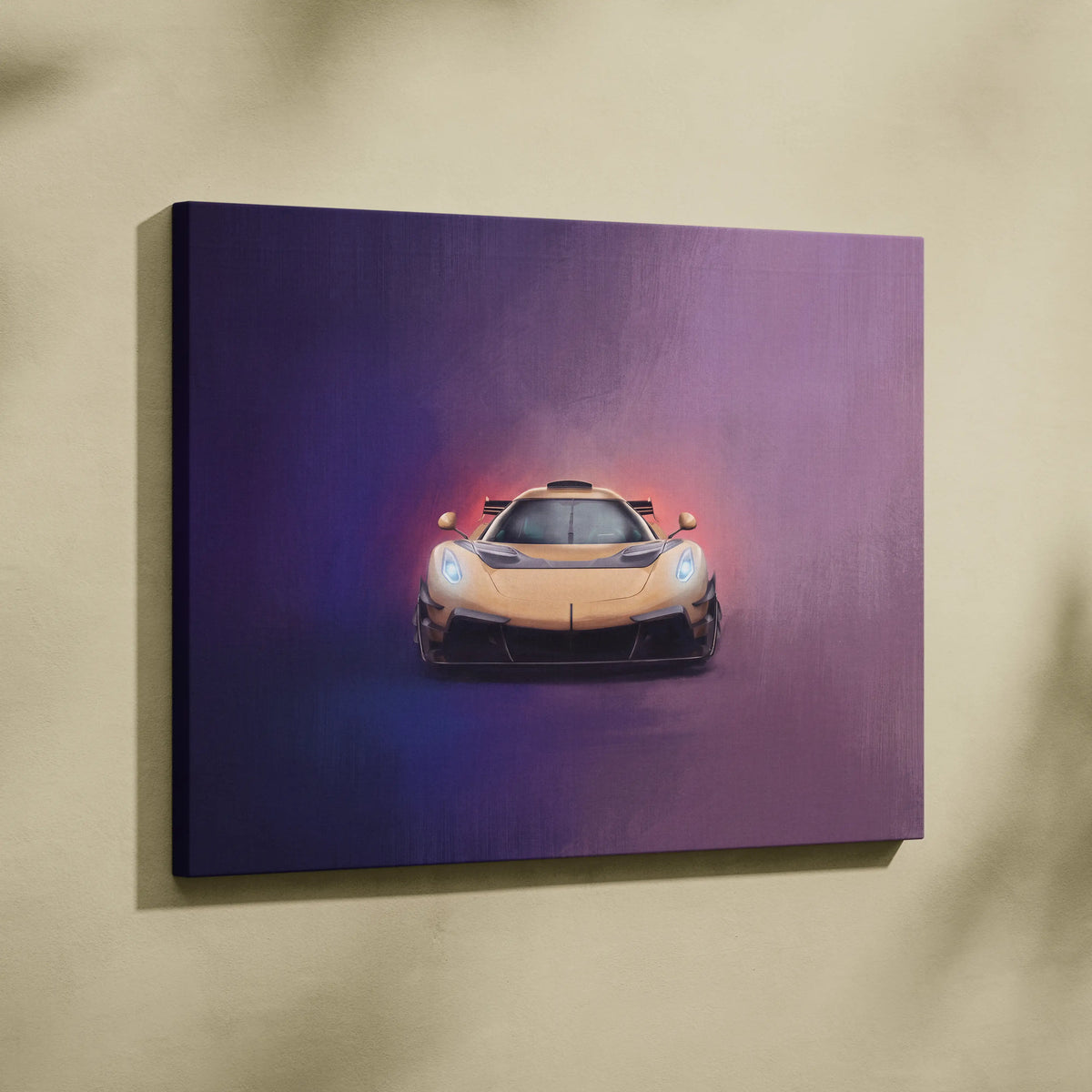 Koenigsegg Jesko inspired car wall art canvas print featuring a golden sports car with glowing headlights on purple blue background