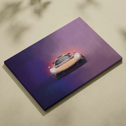 Koenigsegg Jesko inspired car wall art canvas print featuring a golden-orange sports car with glowing headlights