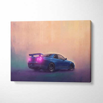 Nissan skyline gtr inspired blue jdm canvas print featuring a sleek sports car with glowing pink taillights