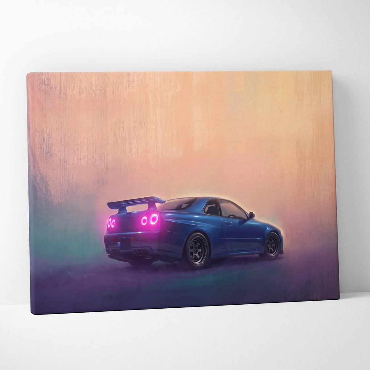 Blue nissan skyline r34 sports car canvas print with glowing pink taillights showcasing sleek aerodynamic design