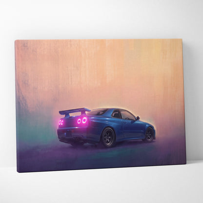 Blue nissan skyline r34 sports car canvas print with glowing pink taillights showcasing sleek aerodynamic design