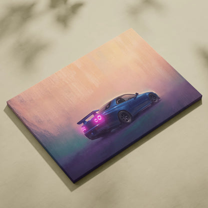 Blue Nissan Skyline r34 sports car canvas print with glowing pink taillights against a gradient sunset sky