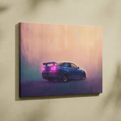 Blue nissan skyline r34 sports car canvas print with glowing pink taillights and rear spoiler wall art
