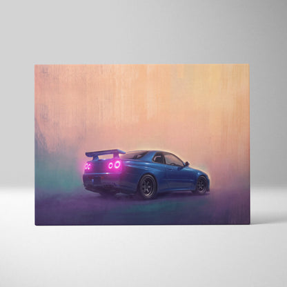 A vibrant blue nissan skyline r34 sports car with glowing pink taillights on an artistic canvas wall art print
