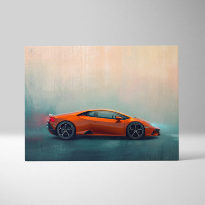 Vibrant orange Lamborghini Huracán Evo inspired supercar canvas art featuring stylized painterly artwork print